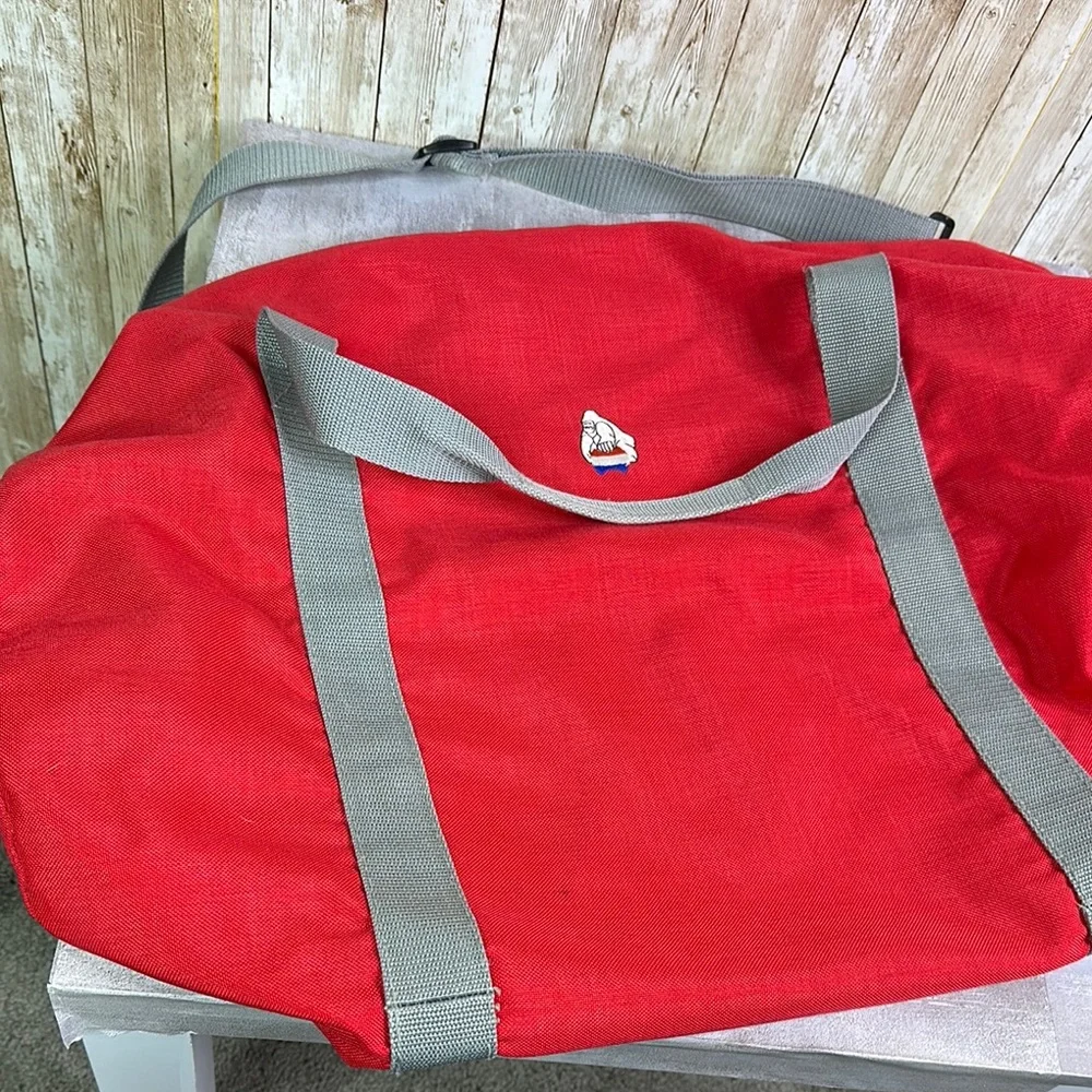 American tourister Red Duffel Bag with Gray Straps 1970s Vintage